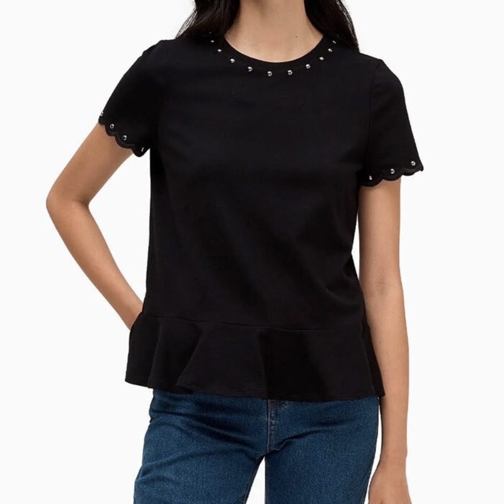 Kate Spade black short-sleeve top, peplum hem, stud detail